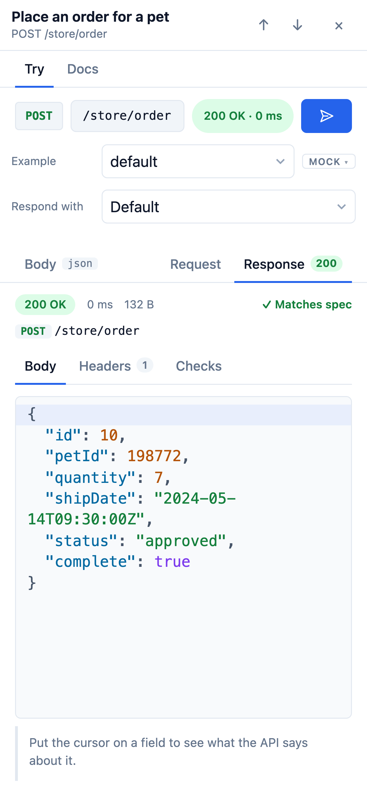 The same operation on a phone: the request and the 200 response with its body, full width.